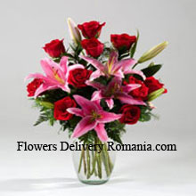 Lilies And Rose In A Vase Including Seasonal Fillers Delivered in Romania