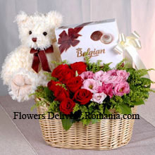 Basket Of Red And Pink Roses, A Box Of Chooclate And A Cute Teddy Bear Delivered in Romania