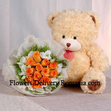Bunch Of 11 Orange Roses And A Medium Sized Cute Teddy Bear Delivered in Romania