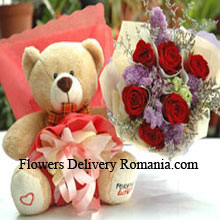 Bunch Of 7 Red Roses And A Medium Sized Cute Teddy Bear Delivered in Romania