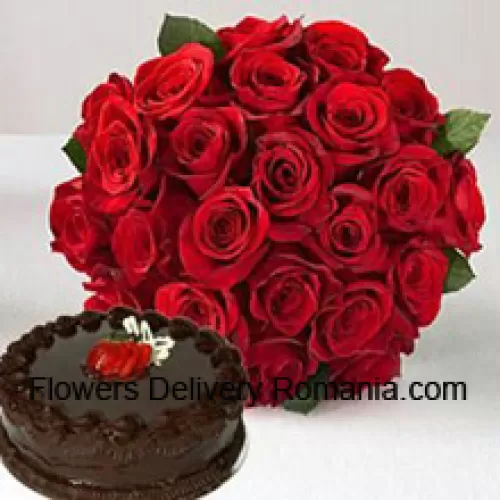 Bunch Of 25 Red Roses With Seasonal Fillers Along With 1 Lb. (1/2 Kg) Chocolate Truffle Cake