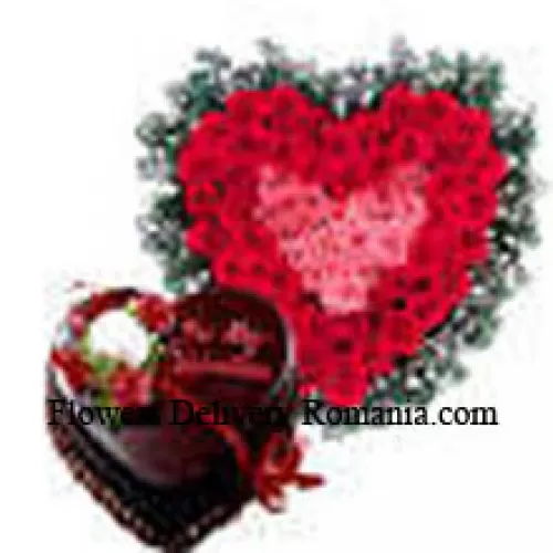 Heart Shaped Arrangement Of 51 Red Roses And A 1 Kg (2.2 Lbs) Chocolate Truffle Cake