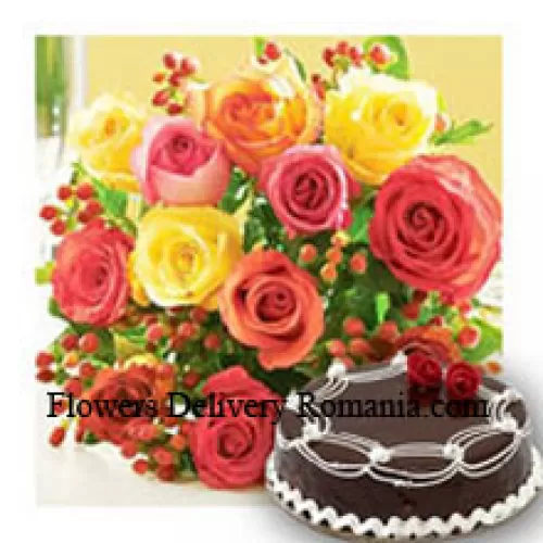 Bouquet de 11 roses de différentes couleurs avec des remplisseurs saisonniers et un gâteau au chocolat truffé de 1/2 kg (1,1 lb)