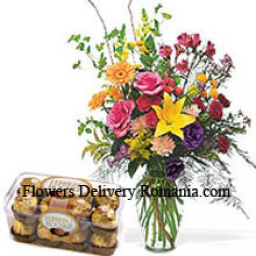 Fleurs assorties dans un vase avec 16 pièces de Ferrero Rocher