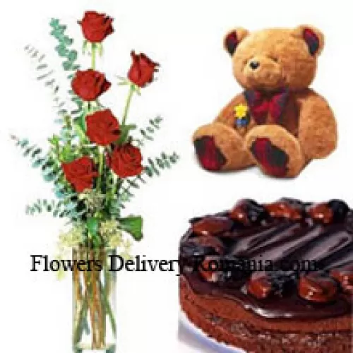 7 Red Roses In A Vase With 1/2 Kg (1.1 Lbs) Chocolate Cake and a Medium Sized Cute Teddy Bear