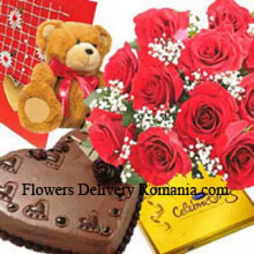 Bunch Of 11 Red Roses, Small Cute Teddy Bear, A Box Of Cadbury's Celebration Pack And 1 Kg Heart Shaped Chocolate Cake With A Free Greeting Card