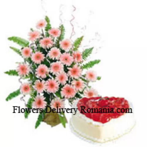 Basket Of 25 Pink Colored Gerberas Along With A 1 Kg Heart Shaped Vanilla Cake