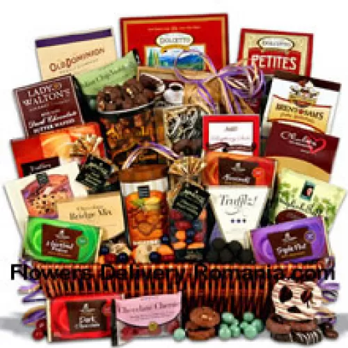 This amazing new addition to our chocolate gift baskets collection is overflowing with twenty-four sinfully delicious chocolate indulgences that will impress the taste buds of even the most seasoned chocoholics. With a generous selection of gourmet treats ranging from chocolate bars to chocolate cookies and everything in between, it is easy to see why this design is a show-stopper. (Please Note That We Reserve The Right To Substitute Any Product With A Suitable Product Of Equal Value In Case Of Non-Availability Of A Certain Product)