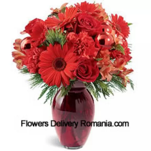 A beautiful holiday red glass vase holds an array of crimson blossoms. Carnations, roses, Gerbera daisies and alstroemeria are decorated with shiny red glass ornaments and interspersed with Christmas greens. Great to give, or to keep for yourself!  (Please Note That We Reserve The Right To Substitute Any Product With A Suitable Product Of Equal Value In Case Of Non-Availability Of A Certain Product)
